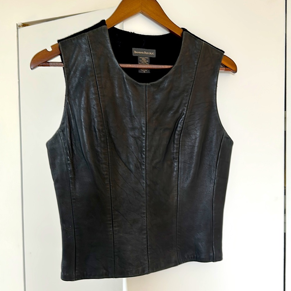 Vintage 90’s Banana Republic Leather & Wool Vest Pullover Sz 8 or M - GORGEOUS - Picture 3 of 12